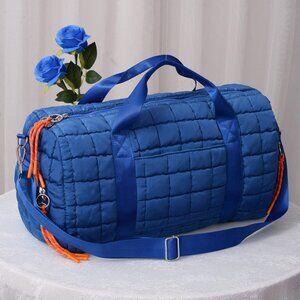 Royal Blue Quilted Puffer Weekender Bag | Travel Duffel Tote Carry-On Gym Bag